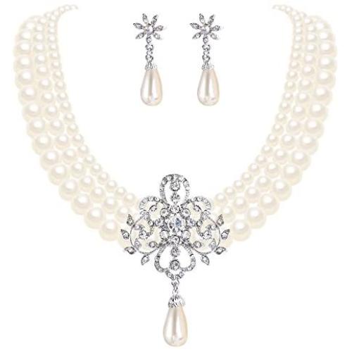 EleQueen Womens Silver-Tone Ivory Simulated Pearls Crystal Victorian Style Statement Necklace Earrings Bridal Wedding Sets