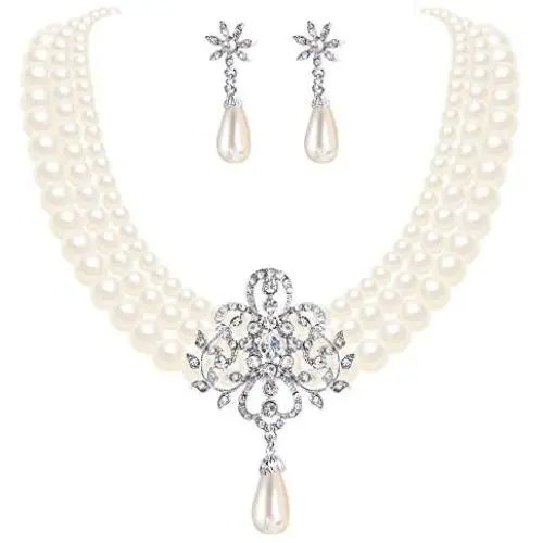 EleQueen Womens Silver-Tone Ivory Simulated Pearls Crystal Victorian Style Statement Necklace Earrings Bridal Wedding Sets EleQueen Womens Silver-Tone Ivory Simulated Pearls Crystal Victorian Style Statement Necklace Earrings Bridal Wedding Sets