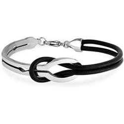 Infinity Love Knot Bangle Bracelet for Women for Girlfriend Two Tone Black Genuine Leather Silver Tone Stainless Steel