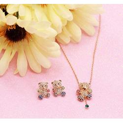 Gold Plated Cute CZ Teddy Bear Pendant Necklace and Earrings Jewelry Set for Girls Gift