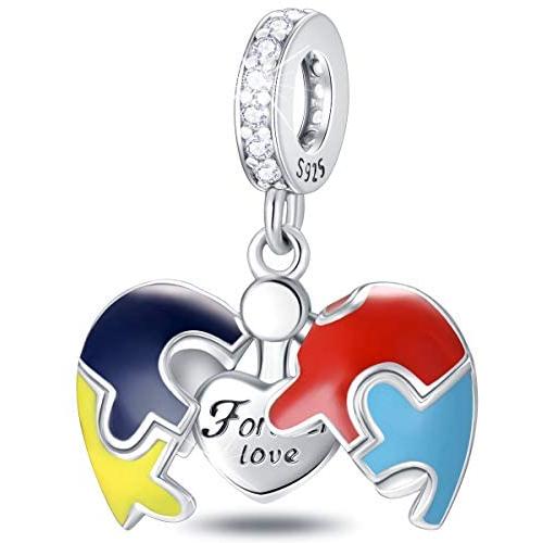 EMOSTAR Valentines Day Charms, Lipstick Red Lips Charms, I Love You and Autism Awareness Pendant, 925 Sterling Silver Heart Love Four-Leaf Clover Beads, Gifts for Family Christmas fits DIY Bracelet