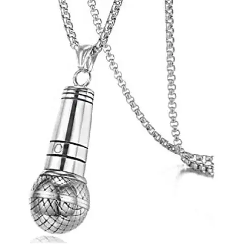 Fusamk Punk Stainless Steel Microphone Pendant Necklace,24'' Box Chain