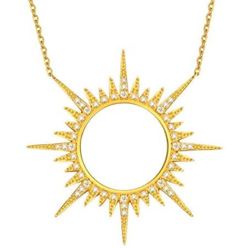 LecAit Sun Necklace for Women,Sterling Silver 18K Gold Plated Rhinestone Dainty Sun Pendant Necklace for Women Girls
