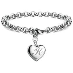 Initial Charm Bracelets Stainless Steel Heart 26 Letters Alphabet Bracelet for Women, Valentines Day Gifts