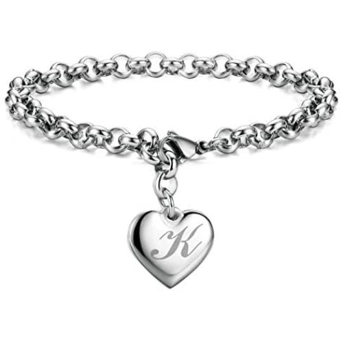 Initial Charm Bracelets Stainless Steel Heart 26 Letters Alphabet Bracelet for Women, Valentines Day Gifts