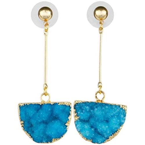 SUNYIK Womens Crystal Geode Druzy Quartz Dangle Earrings Gold Plated, Half Round