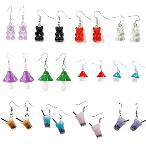 12 Pairs Cute Resin Mushroom Earrings Colorful Cartoon Gummy Bear Drop Earring Set Lightweight Funny Milk Tea Earrings Boba Bubble Tea Drop Earrings for Women Girl Jewelry