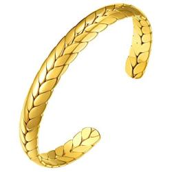 GOLDCHIC JEWELRY Wide Open Cuff Bracelet, Stainless Steel 7.7mm/10mm Leaf/Star/Chain Link/Wheat Braided Style Adjustable Boho Stackable Bangle Bracelet,Gift Box Included