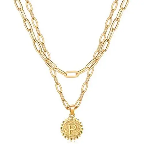 Gold Layered Initial Necklaces for Women Girls, 18k Gold Plated Paperclip Chain Necklace, Letter Pendant Choker Layering Coin Necklaces Gold Layered Initial Necklaces for Women Girls, 18k Gold Plated Paperclip Chain Necklace, Letter Pendant Choker Layering Coin Necklaces