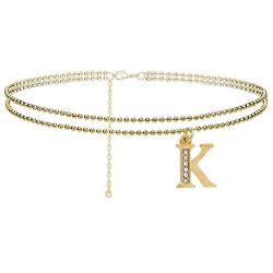 kelistom 14k Gold Plated Two Layered Beaded Chain Initial Anklet for Women Teen Girls, Fashion Ankle Bracelet with Zircon Filled 26 Letters Alphabet, Foot Jewelry with 2” Extension (K)