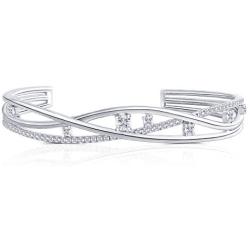 DovEggs Platinum Plated Silver 1.77ct Center 4mm G-H-I Color Moissanite Bracelet Adjustable Bangle with Accents for Women Girls