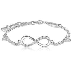 ELEGANZIA Infinity Bracelet for Women Girls Sterling Silver Jewelry Cubic Zirconia, Adjustable Bracelet with Love Heart Charm Bracelet