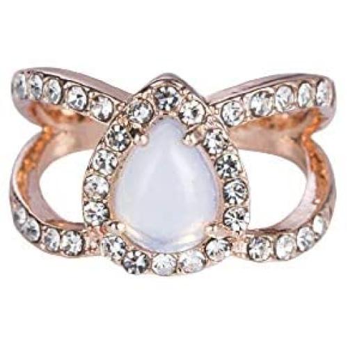 Pingyongchang Exquisite Teardrop Moonstone Double Band Femme Natural Valentines Wedding Ring Jewelry Rose Gold Size 6-10