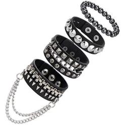 LOLIAS 4 Pcs Black Punk Cuff Bracelet for Men Women Gothic Strap Biker Halloween Rivet Costume Adjustable Wristband Bracelets Set