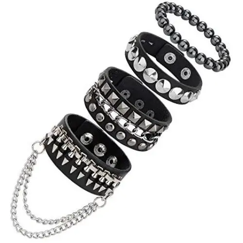 LOLIAS 4 Pcs Black Punk Cuff Bracelet for Men Women Gothic Strap Biker Halloween Rivet Costume Adjustable Wristband Bracelets Set LOLIAS 4 Pcs Black Punk Cuff Bracelet for Men Women Gothic Strap Biker Halloween Rivet Costume Adjustable Wristband Bracelets Set