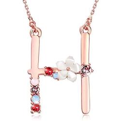 GEMMANCE Flower Initial Necklace Amethyst Pink Ruby Red Opal Blue Simulated Pearl Pendant Name Jewelry Made with Swarovski Crystals Rose Gold Plated Anniversary Birthday Gifts for Women Girl,18''+2''