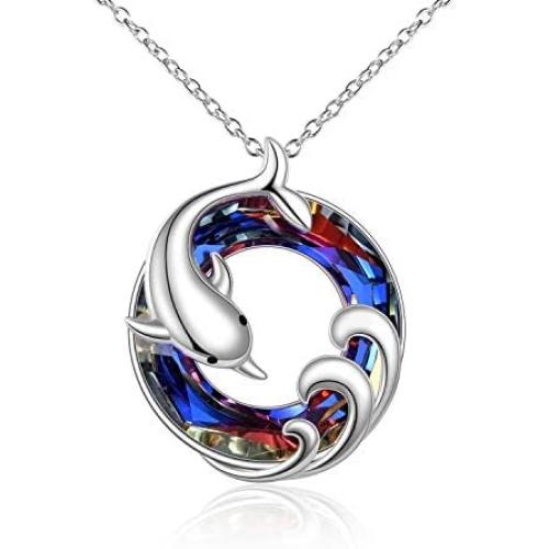 ONEFINITY 925 Sterling Silver Dolphin Necklaces Crystal Dolphin Pendant Ocean Wave Jewelry for Women Girls Gifts