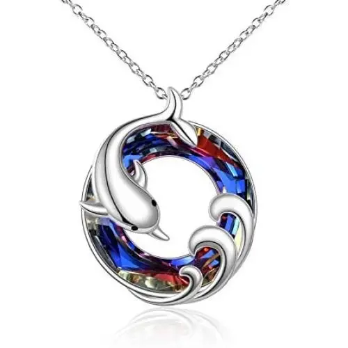 ONEFINITY 925 Sterling Silver Dolphin Necklaces Crystal Dolphin Pendant Ocean Wave Jewelry for Women Girls Gifts