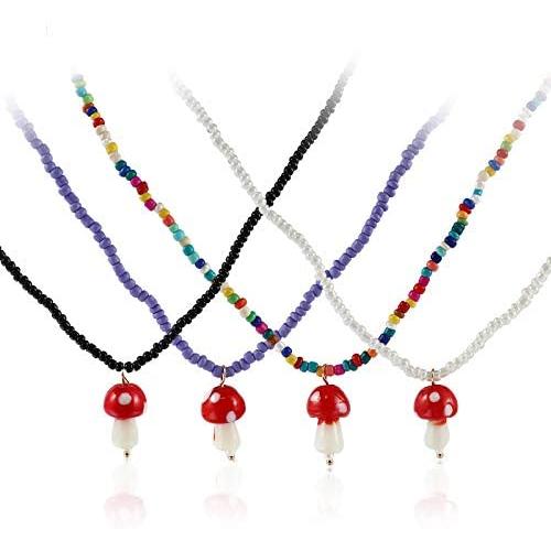 Fuqimanman2020 4 Pcs Colorful Beaded Mushroom Necklace Sweet Fresh Mushroom Shape Resin Pendant Necklace Set for Women Girls Jewelry