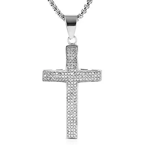 HZMAN Mens Iced Out Cross Cz Inlay Pendant 18k Gold Plated Stainless Steel Hip-Hop Necklace HZMAN Mens Iced Out Cross Cz Inlay Pendant 18k Gold Plated Stainless Steel Hip-Hop Necklace