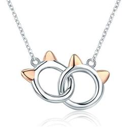 Infinity Love Heart Cat Necklace for Women Girls 925 Sterling Silver Two-Tone Hollow out Mother and Daughter Kitten Ear Pendant Choker Necklace Double Interlocking Circles Jewelry Cute Delicate