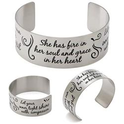 Vera Viva She Has Fire in Her Soul and Grace in Her Heart Inspirational Cuff Bracelet, Stainless Steel, Adjustable Fit