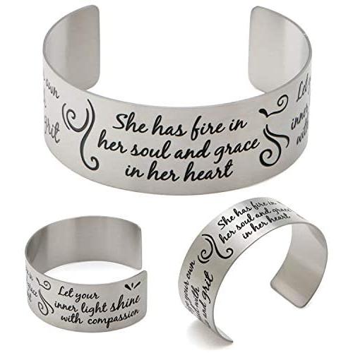 Vera Viva She Has Fire in Her Soul and Grace in Her Heart Inspirational Cuff Bracelet, Stainless Steel, Adjustable Fit