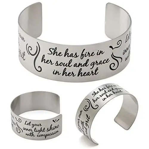 Vera Viva She Has Fire in Her Soul and Grace in Her Heart Inspirational Cuff Bracelet, Stainless Steel, Adjustable Fit Vera Viva She Has Fire in Her Soul and Grace in Her Heart Inspirational Cuff Bracelet, Stainless Steel, Adjustable Fit