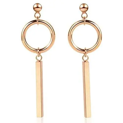 SDT Jewelry Stainless Steel Simple Circle Long Bar Style Drop Dangle Earrings SDT Jewelry Stainless Steel Simple Circle Long Bar Style Drop Dangle Earrings