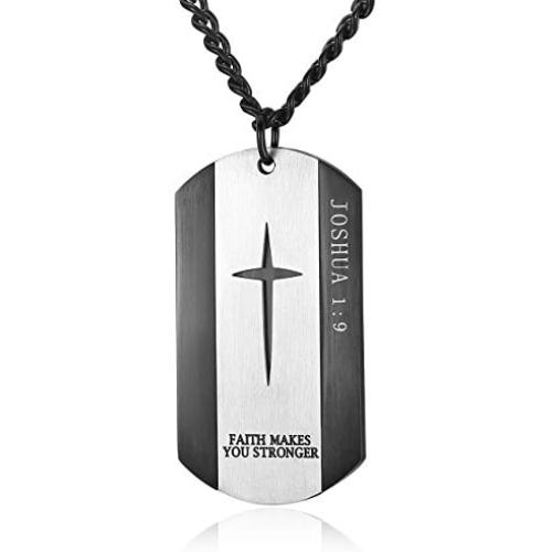 REVEMCN Black Silver Stainless Steel Bible Verse Cross Dog Tag Pendant Necklace for Men, 24-28 Inches Chain