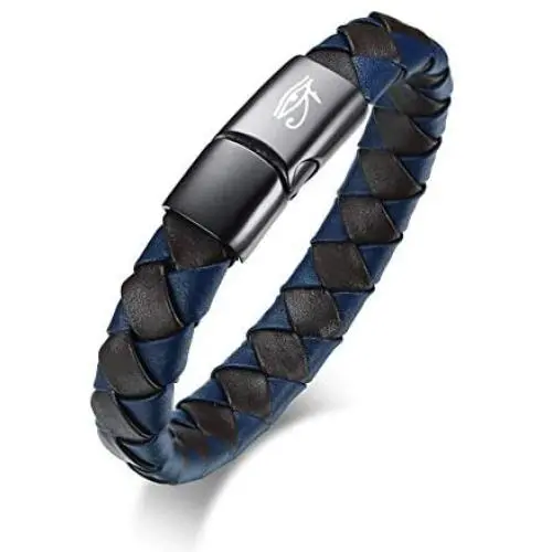 MPRAINBOW Mens Personalized Stainless Steel Brown & Blue Braided Genuine Leather Bracelet with Magnetic Clasp Bangle Gift for Dad Husband Bf Son Friends