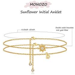 MONOZO Ankle Bracelets for Women Initial Anklet, 14k Gold Filled Layered Sunflower Ankle Bracelets Cute Boho Anklets with Initial Letter Ankle Bracelets for Teen Girls Jewelry Gifts