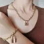 WangGao Punk Lock Charms Jewelry Set Stainless Steel Link Chain Necklace & Bracelet for Women with Clasp Closure