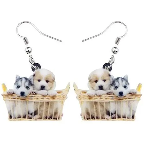 NEWEI Acrylic Cute Basket Dog earrings Drop Dangle Fashion Animal Jewelry For Women Girls Gift Charms