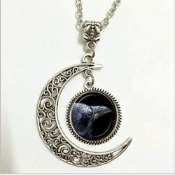 Raven Pendant Black Raven Pendant, Raven Pendant Black Raven Necklace,Raven Pendant Black Raven Moon Jewelry, Moon Necklace Glass Art Picture