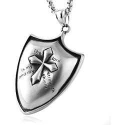 HZMAN Shield Armor of God Psalm 28:7 Faith Cross Stainless Steel Pendant Necklace for Men