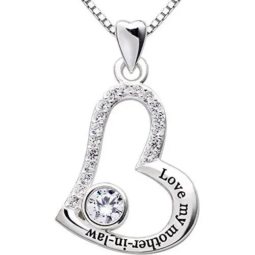 ALOV Jewelry Sterling Silver Love My Mother-in-Law Love Heart Cubic Zirconia Pendant Necklace