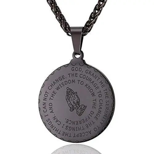 Bible Verse Prayer Necklace Free Chain Christian Jewelry Stainless Steel Praying Hands Coin Medal Pendant