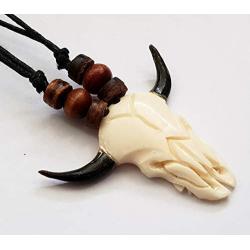 Ox Skull Bone Carving Pendant Surfer Tribal 16 to 32 inch Adjustable Cord Handmade Necklace Jewelry GA002