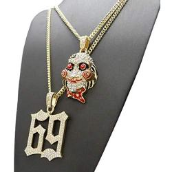 BLINGFACTORY Hip Hop Iced Gold Plated Saw Inspired & 69 Pendant & 3mm 20'' 24'' Cuban Chain Necklace Set