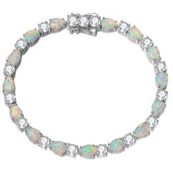 FANCIME October Birthstone Sterling Silver Fire Opal Tennis Bracelet Cubic Zirconia Teardrop / Oval Gemstone Dainty Charm Fine Jewelry for Women Girls 7''