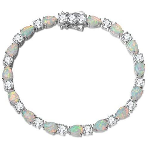 FANCIME October Birthstone Sterling Silver Fire Opal Tennis Bracelet Cubic Zirconia Teardrop / Oval Gemstone Dainty Charm Fine Jewelry for Women Girls 7''
