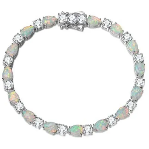 FANCIME October Birthstone Sterling Silver Fire Opal Tennis Bracelet Cubic Zirconia Teardrop / Oval Gemstone Dainty Charm Fine Jewelry for Women Girls 7''