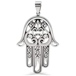 14k White Gold Large Hand of Fatima Pendant, Silver Hand Necklace, White Gold Evil Eye Charm, Boho Jewelry