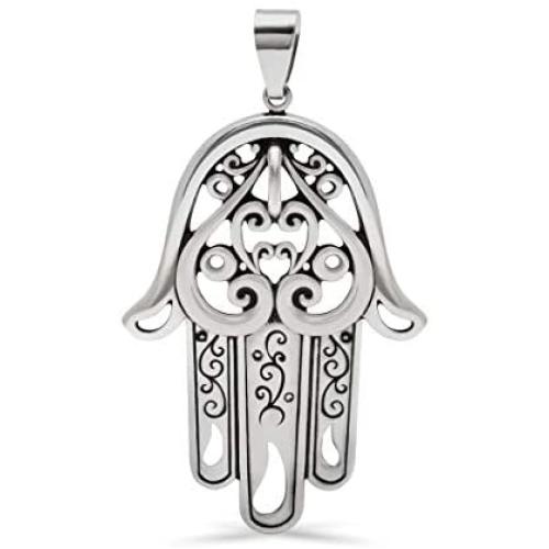 14k White Gold Large Hand of Fatima Pendant, Silver Hand Necklace, White Gold Evil Eye Charm, Boho Jewelry