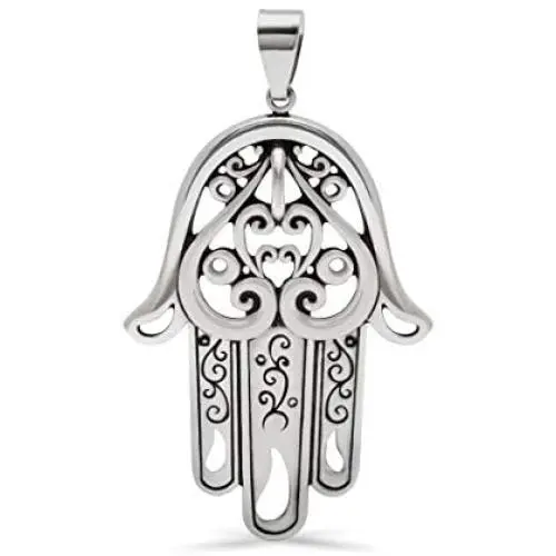 14k White Gold Large Hand of Fatima Pendant, Silver Hand Necklace, White Gold Evil Eye Charm, Boho Jewelry
