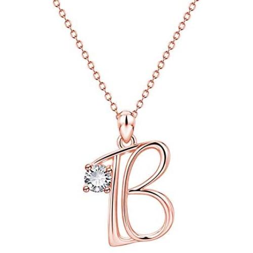 JUSZXY Letter Initial Necklaces for Women, 14K Rose Gold Plated Cubic Zirconia Letter Pendant Script Name Monogram Necklace, Delicate Initial Necklace for Mom Mothers Day