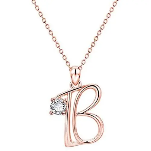 JUSZXY Letter Initial Necklaces for Women, 14K Rose Gold Plated Cubic Zirconia Letter Pendant Script Name Monogram Necklace, Delicate Initial Necklace for Mom Mothers Day