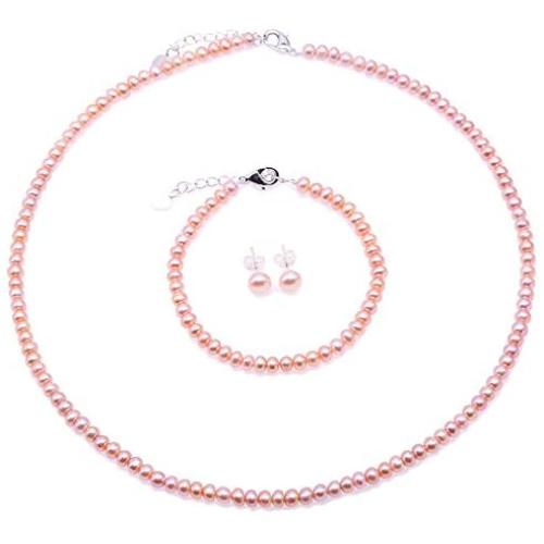 JYX Pearl Necklace Set AA+ Quality 4-5mm Lavender Freshwater Pearl Necklace Bracelet and Earrings Set for Girl Women