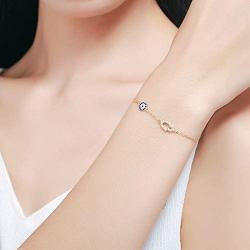 Kaletine Hamsa Hand of Fatima Evil Eye Bracelet Sterling Silver 925 Blue Cubic Zirconia Chain Adjustable 6.5''+1.5''